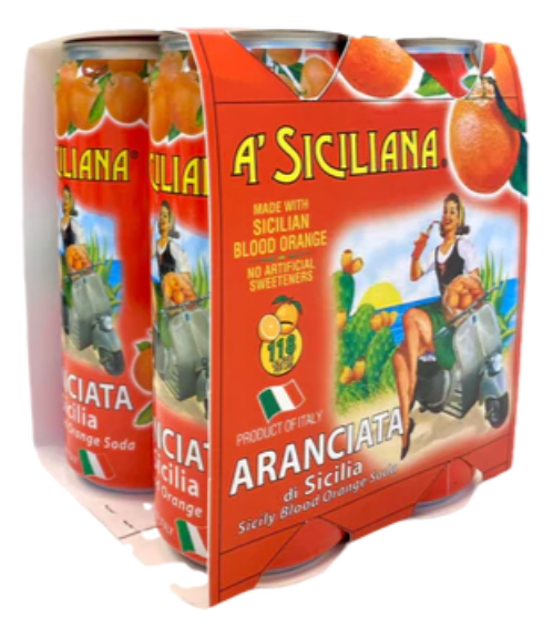 Sicilian Aranciata, Blood Orange Soda, A’ Siciliana, 4 Pack - 4 x 330 mL (11.5 Fl Oz) Cans